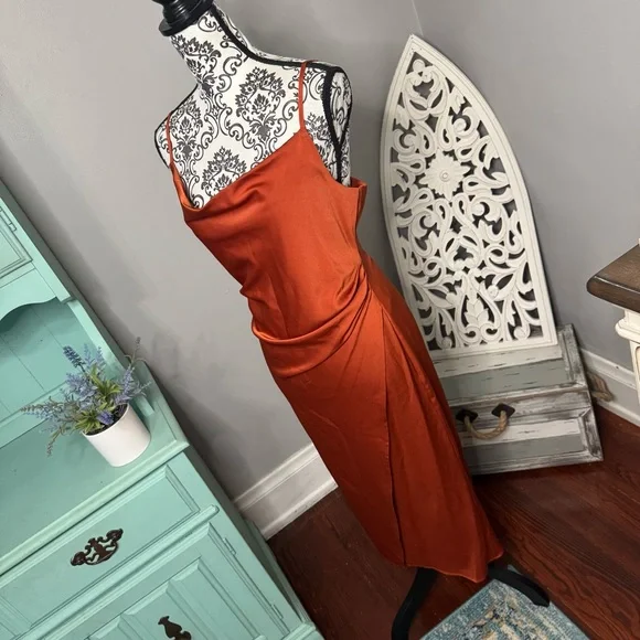 Lulus Satin Drape Midi Slip Dress Size Large Rust Orange Wedding Guest - Picture 4 of 10